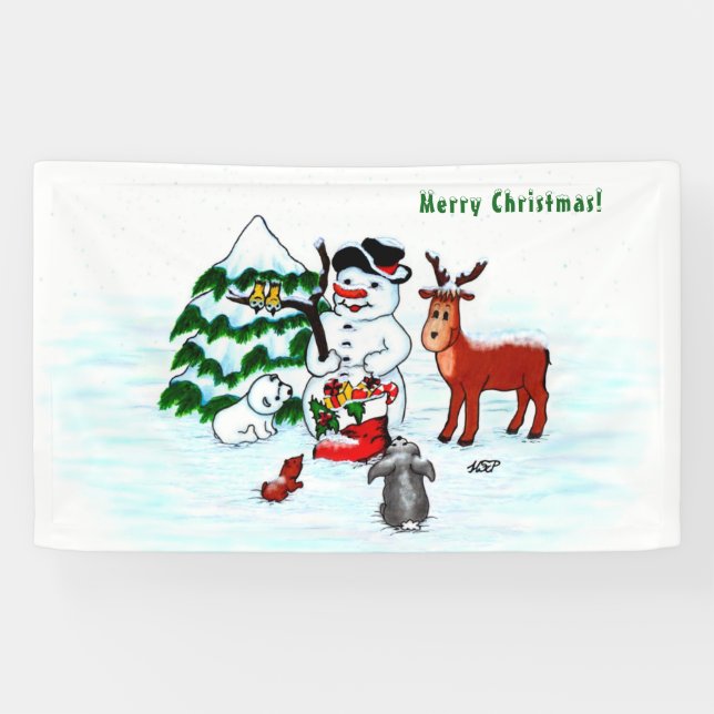 Frohe Weihnachten! Snowman mit Freunden Banner (Horizontal)