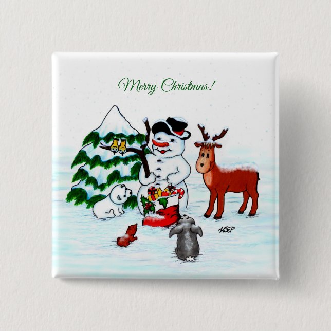 Frohe Weihnachten! Snowman mit Freunden Button (Vorderseite)