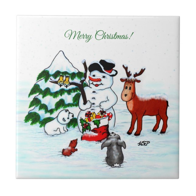 Frohe Weihnachten! Snowman mit Freunden Fliese (Vorderseite)