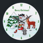 Frohe Weihnachten! Snowman mit Freunden Große Wanduhr<br><div class="desc">Frohe Weihnachten! Snowman with Friends - Baby Polar Bear,  Birds,  Elch,  Kaninchen,    ~~~~ Farbstift zeichnend von Krisi ArtKSZP ~~ Store Category >>>>> Frohe Weihnachten für Kinder >>> Schneemann mit Freunden</div>