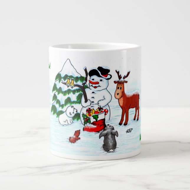 Frohe Weihnachten! Snowman mit Freunden Jumbo-Tasse (Vorderseite)
