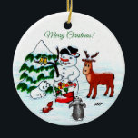 Frohe Weihnachten! Snowman mit Freunden Keramik Ornament<br><div class="desc">Frohe Weihnachten! Snowman with Friends - Baby Polar Bear,  Birds,  Elch,  Kaninchen,  ~~~ Farbstift zeichnend von Krisi ArtKSZP ~~ Store Category >>>>> Frohe Weihnachten für Kinder >>> Schneemann mit Freunden</div>