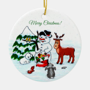 Frohe Weihnachten! Snowman mit Freunden Keramik Ornament