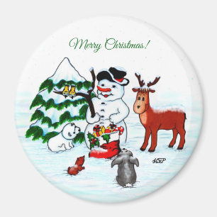 Frohe Weihnachten! Snowman mit Freunden Magnet