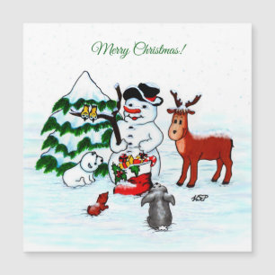 Frohe Weihnachten! Snowman mit Freunden Magnetkarte