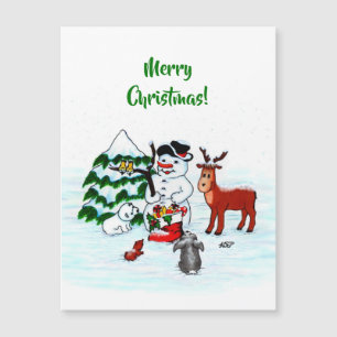 Frohe Weihnachten! Snowman mit Freunden Magnetkarte