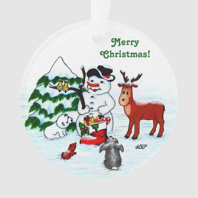 Frohe Weihnachten! Snowman mit Freunden Ornament (Vorderseite)