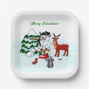 Frohe Weihnachten! Snowman mit Freunden Pappteller