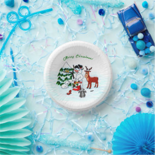 Frohe Weihnachten! Snowman mit Freunden Pappteller