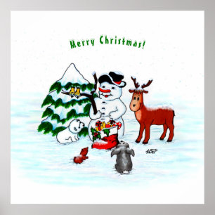 Frohe Weihnachten! Snowman mit Freunden Poster
