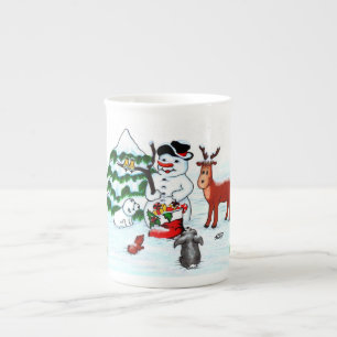 Frohe Weihnachten! Snowman mit Freunden Prozellantasse