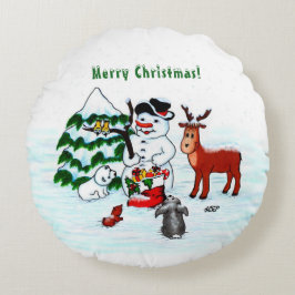 Frohe Weihnachten! Snowman mit Freunden Rundes Kissen