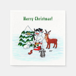 Frohe Weihnachten! Snowman mit Freunden Serviette