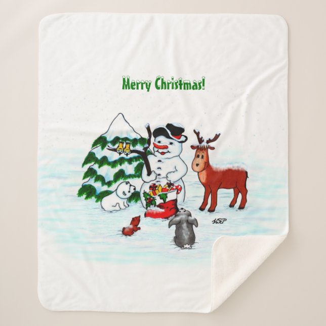 Frohe Weihnachten! Snowman mit Freunden Sherpadecke (Vorderseite)