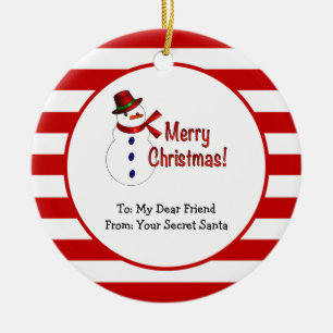 Frohe Weihnachten Snowman Red Stripes Secret Santa Keramik Ornament