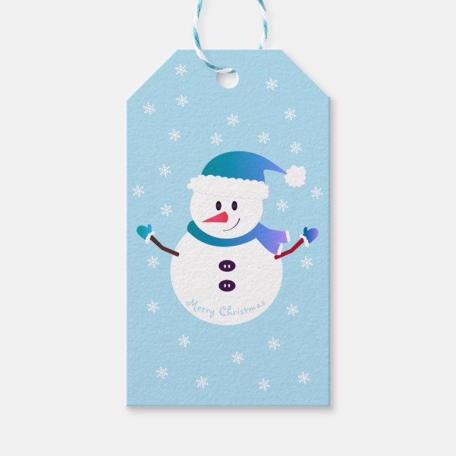 Frohe Weihnachten Snowman Snowflakes Blau Geschenkanhänger (Vorderseite)