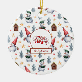 Frohe Weihnachten Snowman Snowflakes Monogram Keramik Ornament