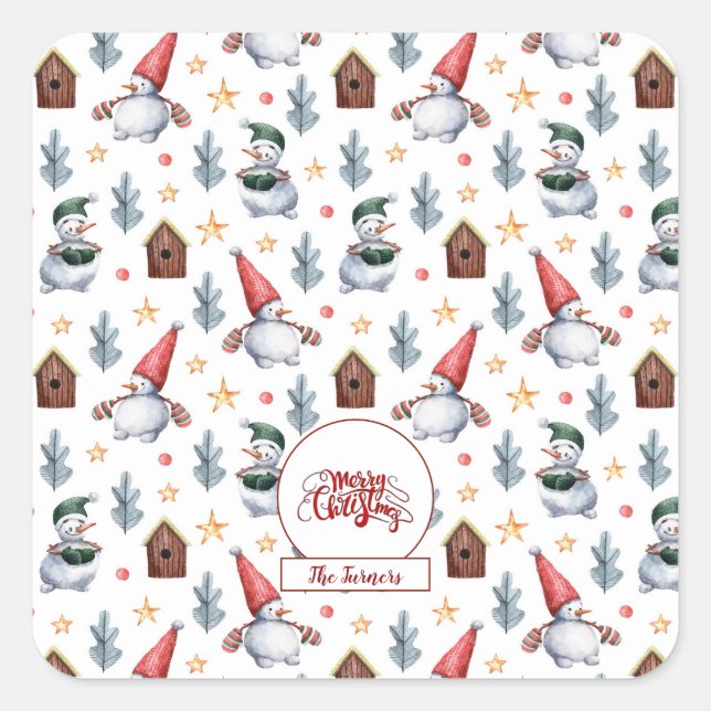 Frohe Weihnachten Snowman Snowflakes Monogram Quadratischer Aufkleber (Vorderseite)