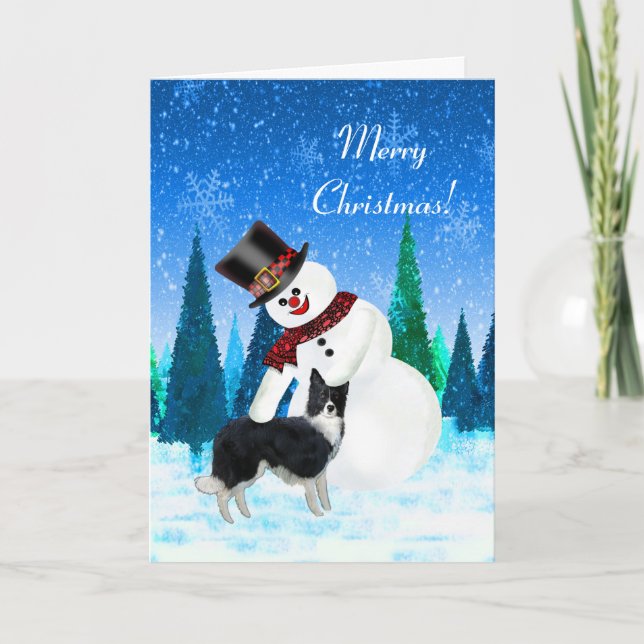 Frohe Weihnachten Snowman und Border Collie Karte (Vorderseite)