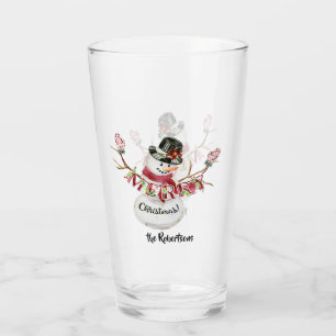 Frohe Weihnachten Snowman w Mittens n Hat Watercol Glas