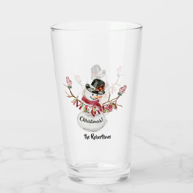 Frohe Weihnachten Snowman w Mittens n Hat Watercol Glas (Rückseite)