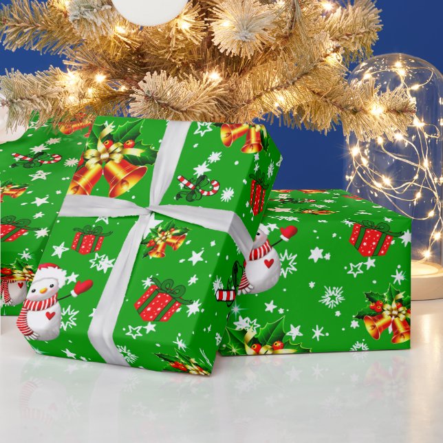 Frohe Weihnachten Snowman Weihnachten Bells Star G Geschenkpapier (Feiertage)