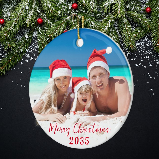 Frohe Weihnachten Sonniges Foto Keramik Ornament (Front - Merry Christmas Family Photo Tree Decoration)
