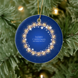 Frohe Weihnachten Sparkling Stars Wreath Blue Keramik Ornament