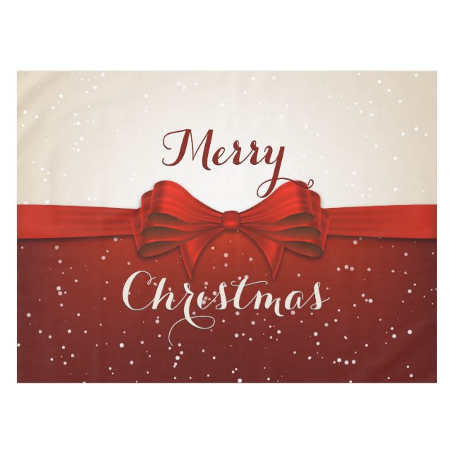 Frohe Weihnachten Split Schnee und Red Ribbon Tischdecke (Vorderseite (Horizontal))