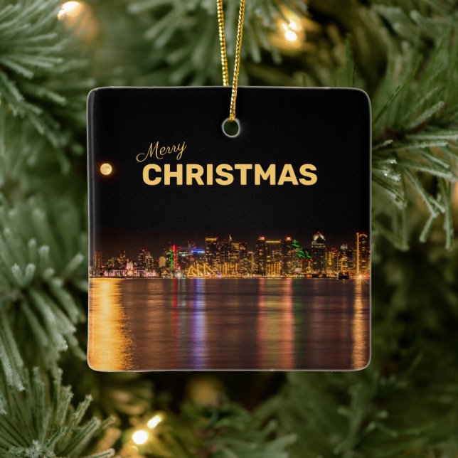 Frohe Weihnachten Stadt Skyline Black&Gold San Die Keramikornament (Baum)