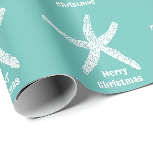 Frohe Weihnachten Starfish Aquamarin Blue Beach Cu Geschenkpapier (Rolleneckpunkt)