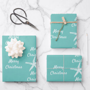 Frohe Weihnachten Starfish Muster Aquamarin White Geschenkpapier Set