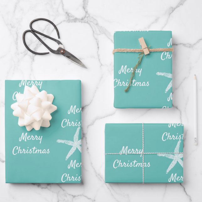 Frohe Weihnachten Starfish Muster Aquamarin White  Geschenkpapier Set (Vorderseite)