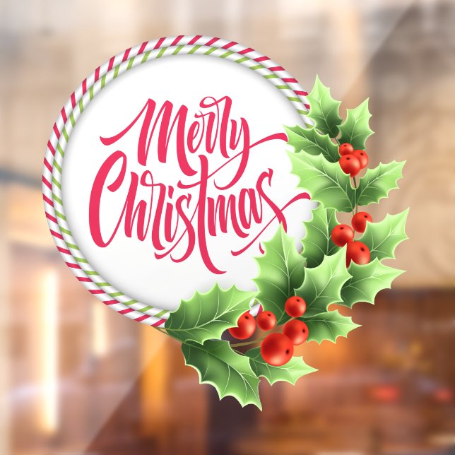 Frohe Weihnachten Striped Wreath Holly Berries Fensteraufkleber (Blatt 2)