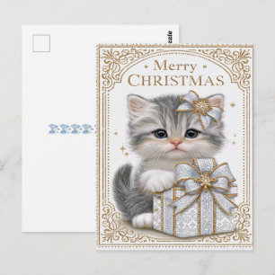 Frohe Weihnachten Süße Katze Blaue Bänder Postkarte