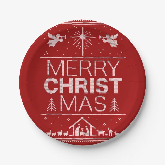 Frohe Weihnachten Sweater Religious Christ Red Pappteller (Vorderseite)