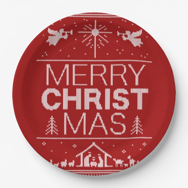 Frohe Weihnachten Sweater Religious Christ Red Pappteller (Vorderseite)