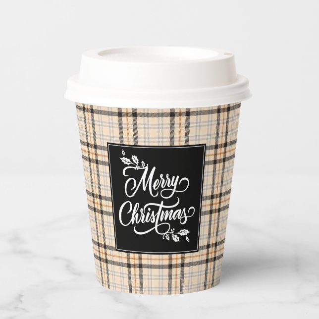 Frohe Weihnachten Tan Karierter Pattern Urlaub Pappbecher (Vorderseite)