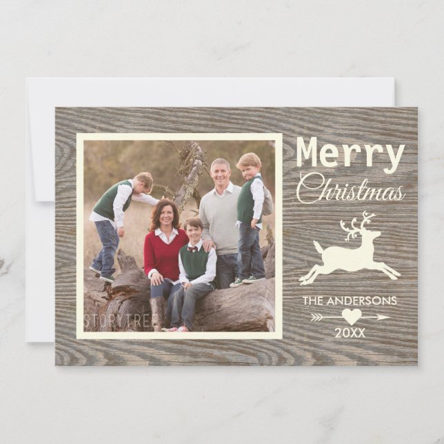 Frohe Weihnachten Tan Rustic Wood Family Foto (Vorderseite)