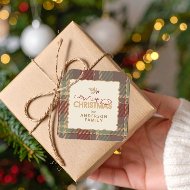 Frohe Weihnachten Tartan-Rand ID1141A Quadratischer Aufkleber (Von Creator hochgeladen)