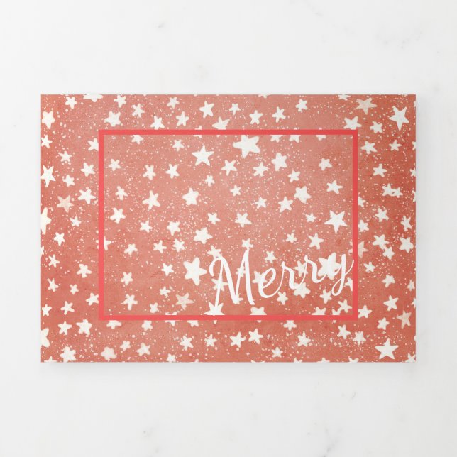 Frohe Weihnachten Tiny White Stars Candy Red Foto Dreifach Gefaltete Urlaubskarte (Cover)