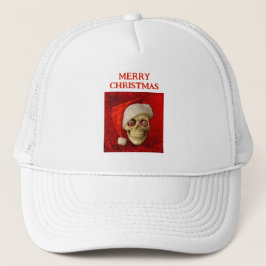Frohe Weihnachten. Totenkopf mit Santa Hut Truckerkappe