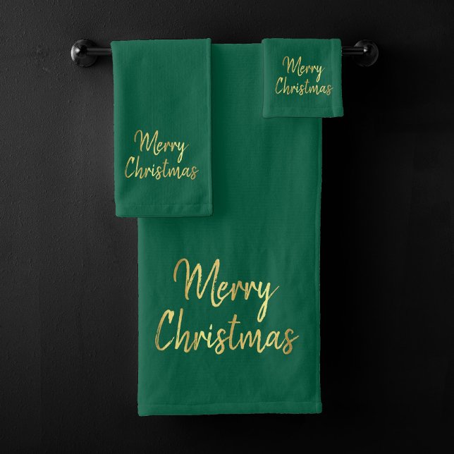 Frohe Weihnachten | Trendy Green und Gold Modern Badhandtuch Set (Von Creator hochgeladen)