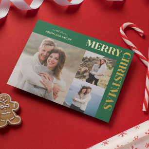 Frohe Weihnachten Typografie Gold auf Grün 3 Fotos Folien Feiertagskarte