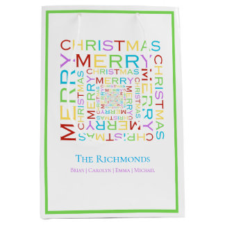 Frohe Weihnachten-Typografie in hellen und bunten Mittlere Geschenktüte