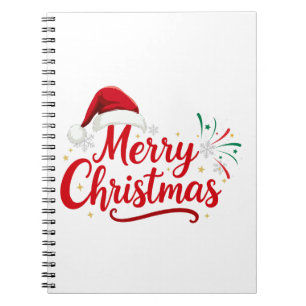 Frohe Weihnachten Typografie mit Santa Hut und Sch Notizblock