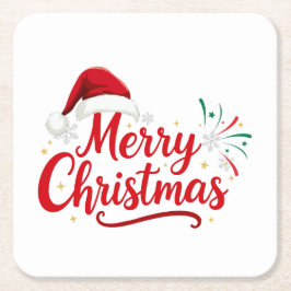 Frohe Weihnachten Typografie mit Santa Hut und Sch Rechteckiger Pappuntersetzer