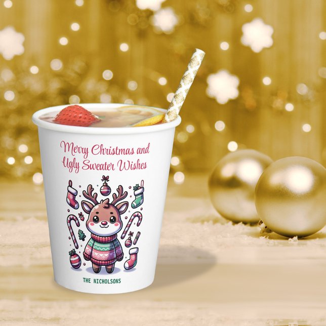 Frohe Weihnachten & Ugly Sweater wünscht Rentier Pappbecher (Von Creator hochgeladen)