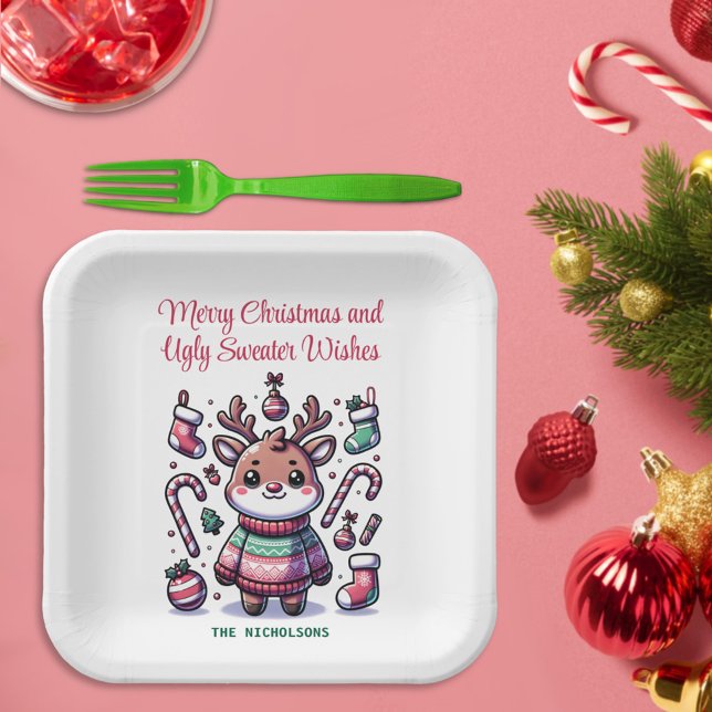 Frohe Weihnachten & Ugly Sweater wünscht Rentier Pappteller (Von Creator hochgeladen)