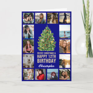 Frohe Weihnachten und 12. Happy Birthday Navy Blue Karte